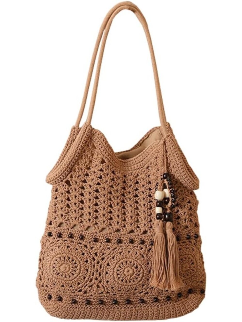 Women's Brown Crochet Hobo Bag Fashion Tassels Shoulder Bag Boho Beach Handbag